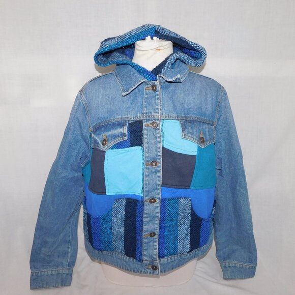 OOAK Hip Chick Design Womens XL Upcycled Blue Denim Jean Jacket Patch Work - Picture 2 of 10